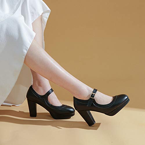 VOKLIN Women's Ladies Round Toe Mary Jane Oxford Pumps Ankle Strap Platform Chunky Block High Heel Dress Shoes2