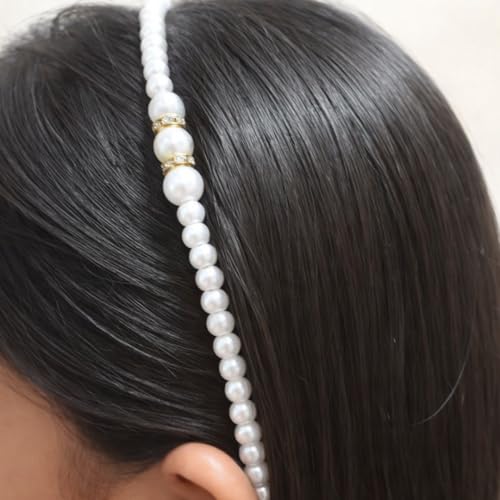 Image of Pearl Beads Hair Band Headband with Stone Decoration, White, Pack of 6