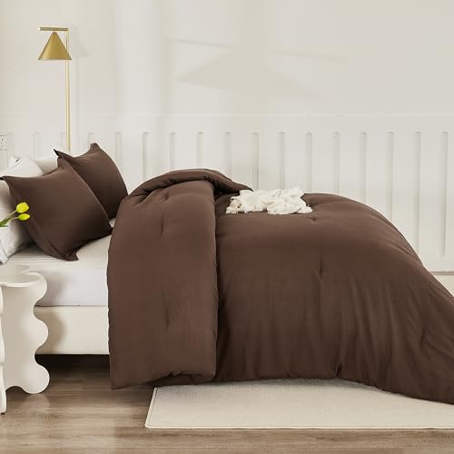 image for Litanika Brown Comforter Set Queen Size, 3 Pieces Lightweight Solid Be