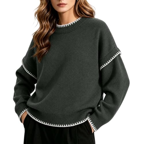 Women's Sweaters Contrast Stitch Crew Neck Knit Pullover Loose Fall Tops - image 1