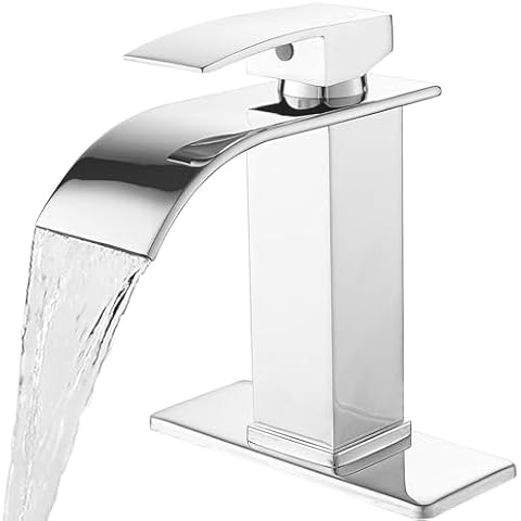 Bathfinesse Waterfall Bathroom Faucet Single Handle Stainless Steel Lavatory Commercial Modern Bathroom Sink Faucets Basin Vanity with Deck Plate Fit for 1 & 3 Hole,Polished Chrome Cover