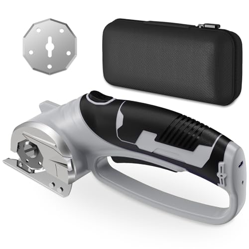 Image of Cordless Electric Scissors, 4V Rechargeable Box Cutter & Cardboard Cutter with LED Light, Safety Lock - Rotary Cutter for Fabric, Leather, Carpet, Plastic, Crafting, Sewing with Storage Box (Grey)