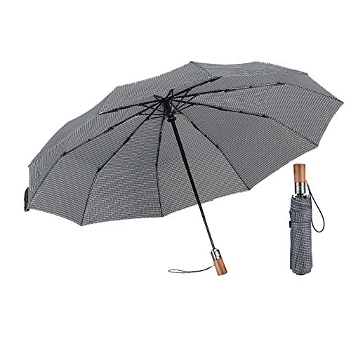 HOMILOOP Parapluie de voyage professionnel, 10 baleines, compact et pliable, avec matériau coupe-vent, ouverture automatique, parasol vintage à carreaux et poignée en bois