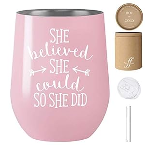 Fancyfams She Believed She Could So She Did – 12 oz Stainless Steel Stemless Wine Tumbler with Lid and Straw…