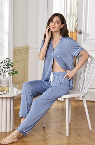 Image of WJing Yi Jia Womens Soft Pajamas Set XS-XXL Button Down Sleepwear Short Sleeves Pajama sets with Long Pants Pj Set Nightwear