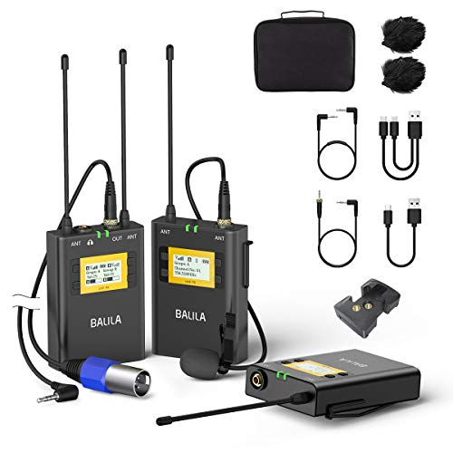 BALILA UHF 100-channel Wireless Lavalier Microphone System for DSLR Mirrorless Camera Camcorder Smartphone-Professional Wireless Lapel Microphone System for Interview YouTube Video Recording ENG EFP.