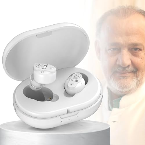 Image of Aika Rechargeable Hearing Aid with Adjustable Sound Amplifier - Ideal for Elderly and Deafness - Includes Charging Case (1 Pcs, White, for Both Ear)