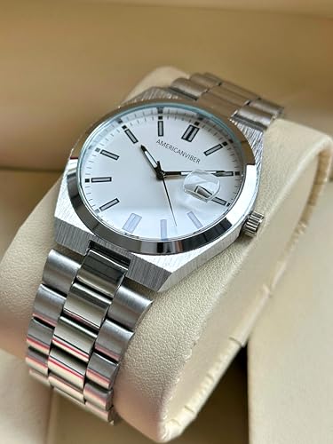Image of AMERICANVIBER Men's Silver Stainless Steel Watch, Vibrant Green Sunburst Dial, Quartz Analog Movement, Date Display, Faceted Bezel for Men