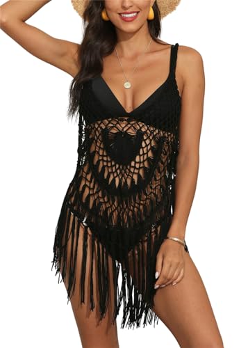 SWOAMER Damen Fransen Boho Strandkleid Sommer Bikini Cover Up Sexy Strick Häkel Kleider Ärmellos Mini Trägerkleid Schwarz Einheitsgröße