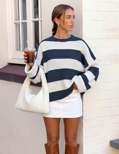 Image of ZESICA Women's 2026 Fall Long Sleeve Oversized Striped Color Block Comfy Loose Crew Neck Knitted Pullover Sweaters