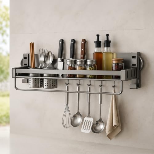 Image of HomeEssentials Aluminum Alloy Suction Cup Double Rack with Knife Holder | No-Drill Wall Mounted Kitchen Organizer | Heavy-Duty Vacuum Suction Storage Shelf | Rust-Resistant Spice & Utensil Rack