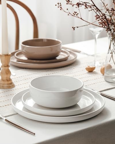 Image of Famiware Milkyway Plates and Bowls Sets, 12 Pieces Stoneware Dinnerware Sets, Dishes Set for 4, White & Cinnamon Brown