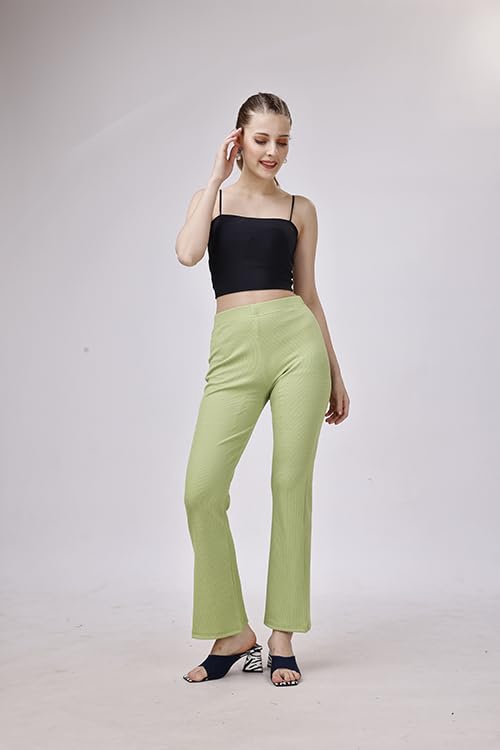 Image of Bhochi Western Trousers Pants for Women | Stretchable Yoga Pants | Boot Cut Ribbed Trouser| Bell Bottom Trousers for Women