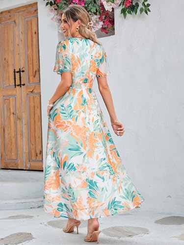 Image of Simplee Women's Boho Floral Maxi Dress Flowy Casual V Neck Short Sleeve Wedding Guest Holiday Beach Long Dress