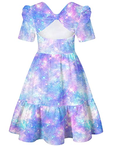 Alisister Little Girls Summer Dress Puff Short Sleeve Bowknot Tie Back Backless Casual Galaxy Nebula Space Pattern 3D Printed Ruffle Swing Midi Sundress Twirly Frock 10 Year Old Blue #TOP4
