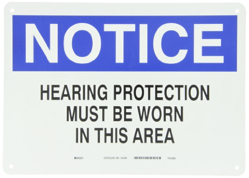 Brady 25491 10\" Height, 14\" Width, B-401 Plastic Blue And Black On White Color Ear Protection Sign, Legend \"Notice Hearing Protection Must Be Worn In This Area\"
