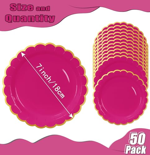 Image of HEIPINIUYE 50 Pieces Hot Pink Paper Plates with Gold Foil 7 Inch Disposable Pink Scalloped Dinner Plates for Wedding Baby Shower Birthday Party Dessert Plate