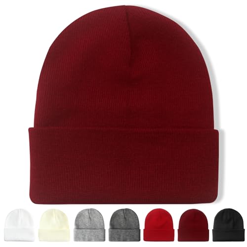 NPQQUAN Unisex Beanie Hats for Men Women Winter Knit Beanies, Pure Winered, One size