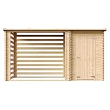 TIMBELA M205 Holz-Geräteschuppen 344x146x199 cm – Gartenhaus mit Brennholzregal, wasserfestem Dach, 3.64 m²
