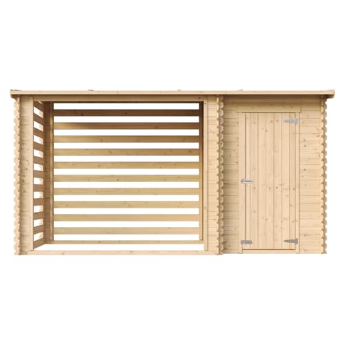 TIMBELA M205 Holz-Geräteschuppen 344x146x199 cm – Gartenhaus mit Brennholzregal, wasserfestem Dach, 3.64 m²