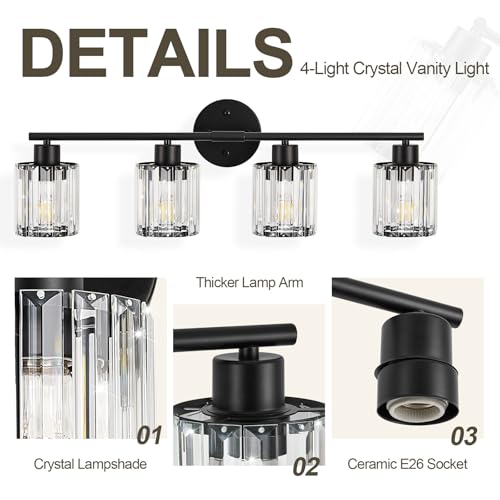 Image of Modern Black Crystal Bathroom Light Fixtures,4-Light | Bathroom Lighting Fixtures over Mirror,Vanity Lights for Mirror, Restroom(Ceramic E26 Socket,Bulbs Not Include)