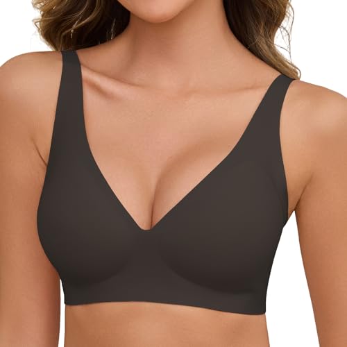 Vijamiy Sujetador Sin Aros Mujer Sexy Scollo a V Sujetador Push Up Sin Costuras Comodos Bra Tallas Grandes con Extensor de Sujetador(Negro marrón,S)