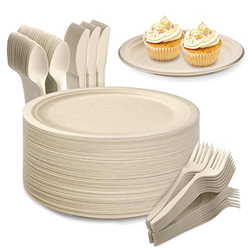 Yidaxing Louça descartável biodegradável, 200 peças inclui 50 pratos 50 garfos, 50 facas e 50 colheres, pratos para aniversário, festas, camping, piquenique, churrascos (17,8 cm, cor de madeira)