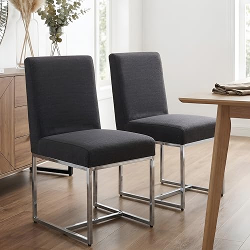 Image of HNY Modern Dining Chairs Set of 2, Upholstered Linen Dining Room Chairs with Ergonomic Back & Polished Silver Metal Frame for Home, Kitchen, Apartment, Charcoal Black