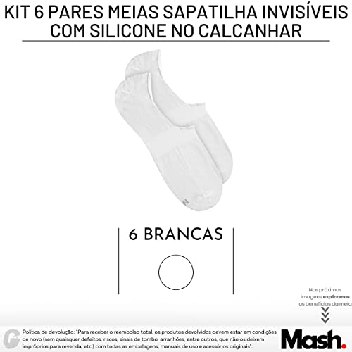 Kit 06 Pares Meias Sapatilha Super Invisível Mash Silicone Interno no Calcanhar | Branco | 39-44 | 2