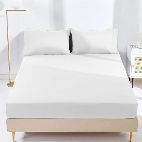 AR Ware Double Fitted Sheet non Iron Wrinkle, 25cm Deep Ultra Soft Microfiber Elastic Fitted Bed Sheets easy care, Fade Resistant (White)