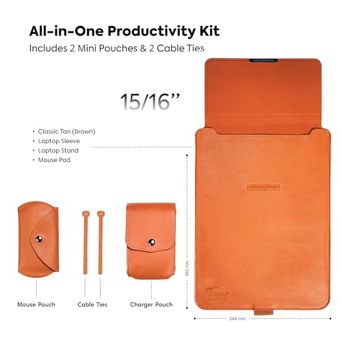 Image of TECHIE 3-in-1 Laptop Sleeve for 15-16 inch Laptops Classic Brown PU Leather Sleeve Convertible Stand Mouse Pad with Accessories Pouch