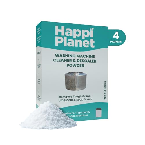 Image of Happi Planet Washing Machine Cleaner & Descaler Powder | 4 Sachets (20g Each) | Removes Limescale, Dirt & Soap Scum | Deep Drum Cleaner for Top Load & Front Load Machines | Eliminates Odor & Residue