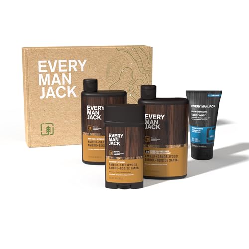 Every Man Jack Men’s Amber + Sandalwood Bath and Body Gift Set – Clean Ingredients & Sandalwood, Amber, and Vetiver scent – Round Out His Routine with Body Wash, 2-in-1 Shampoo, Deodorant & Face Wash