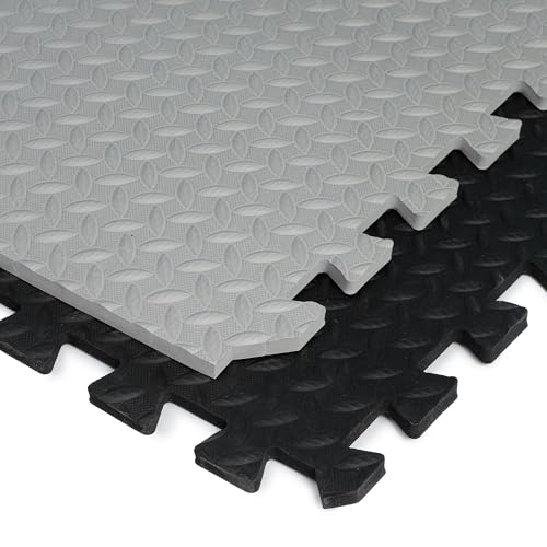 Image of eHomeKart Gym Mats for Floor for Home and Living Room, Interlocking Rubber Floor Gym Mat for Workout at Home, Super Absorbent EVA Foam Workout Mat- 60x60cm - 12mm, Black & Grey (8 Tiles - 32Sqft)