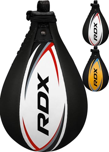 RDX Boxing Speed Bag Genuine Leather Speedball MMA Muay Thai Dodge Ball Training Striking Kit Wall Mount Hanging Swivel Speed Ball Punch Bag Workout Platform Martial (Black Without Swivel)