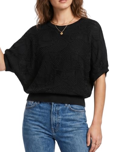 Fidellite Womens Batwing Short Sleeve Tops Lightweight Dolman Knit Sweaters Minimalist Crewneck Pullover for Spring Summer Black
