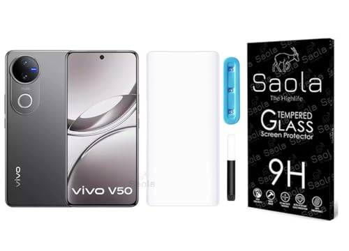Image of Saola 1-Pack UV Curved Tempered Glass for Vivo V50 | 9H Hardness | Edge-to-Edge Full Screen Coverage | UV Light Installation | Scratch Resistant | Case Friendly Screen Protector. (6.77 Inches)