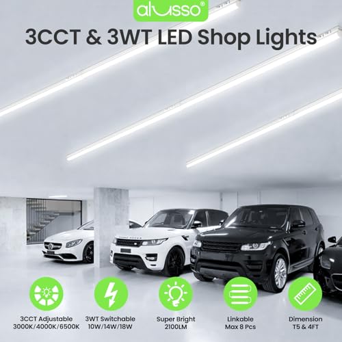 Image of ALUSSO 10 Pack 4FT LED T5 Shop Lights - Linkable Integrated Fixture, 2100LM, 3‑Color Selectable, 3000K /4000K /6500K Adjustable Color Temperature, Corded Electric T5 Single Fixture for Garage /Workshop