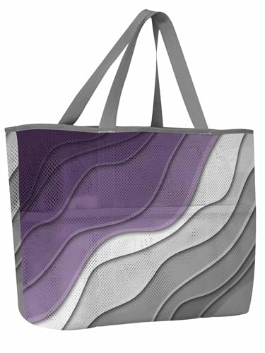 Mesh Beach Bag Oversized Tote Bags for Women Purple Water Ripple Grey Stripe Color Block Large Travel Pool Bags