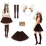 TOPRUNYI Déguisement Renne Femme-Coiffe Lumineuse,Tatouage Facial en Forme,Tutu de Dallet 3Marron,Chaussettes-Déguisement Renne noel Femme,pour carnaval, Halloween, Noël, cosplay, fête à thème