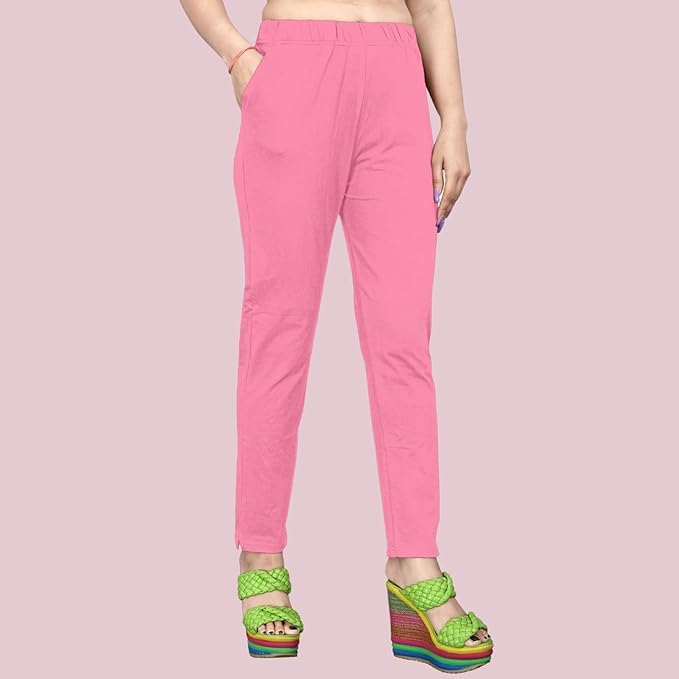 Image of Women's Solid Cotton Lycra Pants-High Waist Slim Fit Stretchable Leggings - Comfortable Long Trousers for Casual, Office & Everyday Wear