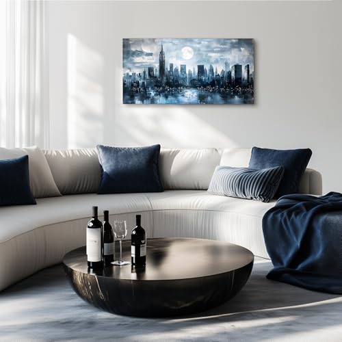 SERIMINO New York City Wall Art, Modern Urban Abstract Large Artwork, Moon Night Landscape Canvas Painting, Blue Impressionist Pictures Wall Decor Living Room Bedroom, Office Art Prints 20X40 Inch