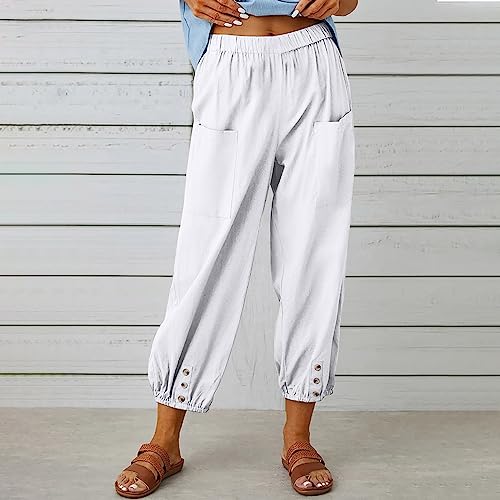 High Waisted Cotton Linen Pants for Women Causal Summer Cropped Lounge Pant Trousers with Pockets Trendy 20242