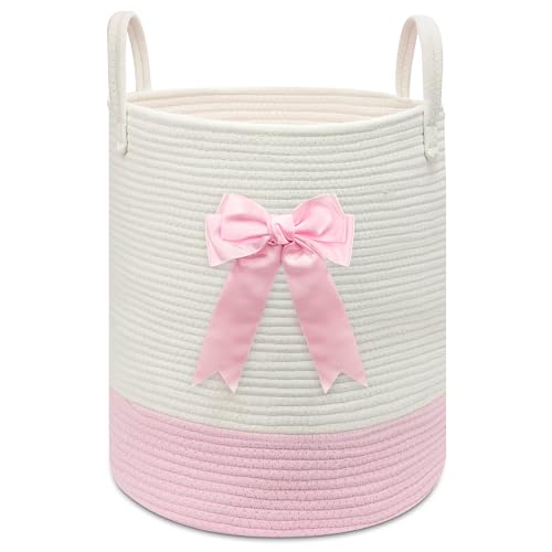 Image of Goodheim Pink Woven Laundry Hamper Basket with Bow, Large Tall Clothes Storage Basket for Baby Nursery, Girls Room, Bathroom & Bedroom Organizer 15"x17.7"