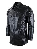 SCREENSHOT-W61300 Mens PU Urban Premium Button Down Shirt - Vegan Leather Active Streetwear Fashion Top-Black-Medium