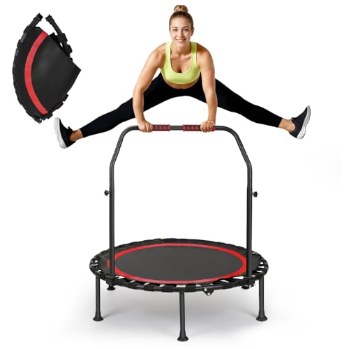 Fitness Trampolin Indoor für Zuhause, Faltbares Mini Trampolin mit Haltestange höhenverstellbar, Workout & Cardiotraining, Tragkraft 150 kg für Erwachsene und Kinder (Rot)