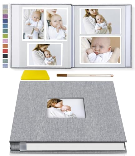 Image of Popotop Photo Album Self Adhesive with Picture Display Window,40 Pages DIY Baby Memory Book for 4x6 8x10 Picture,Linen Cover Scrapbook for Wedding,with Scraper and Metallic Pen