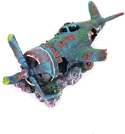 zoele Resin Fish Tank Ornament Cave Aquarium Decoration Damaged Battleplane Fighter Plane (S: 24 * 10.5 * 8cm)