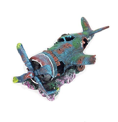 Zoele Resin Fish Tank Ornament Cave Aquarium Decoration Damaged Battleplane Fighter Plane (S: 24 * 10.5 * 8Cm) #TOP2