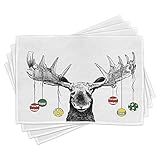Ambesonne Moose Place Mats Set of 4, Christmas Animal Xmas Ornaments Balls Hanging from Horns Funny Noel Sketch Art, Washable Fabric Placemats for Dining Table, Standard Size, Black and White